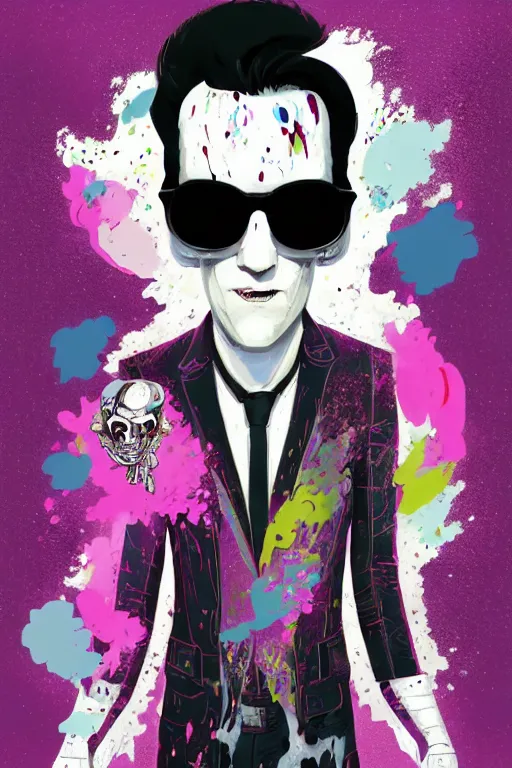 Image similar to wealthy male half necromancer, made of white gucci fabric, pixiv fanbox, dramatic lighting, maximalist pastel color palette, splatter paint, pixar and disney exploded - view drawing, graphic novel by fiona staples and dustin nguyen, peter elson, alan bean, wangechi mutu, clean cel shaded vector art, trending on artstation
