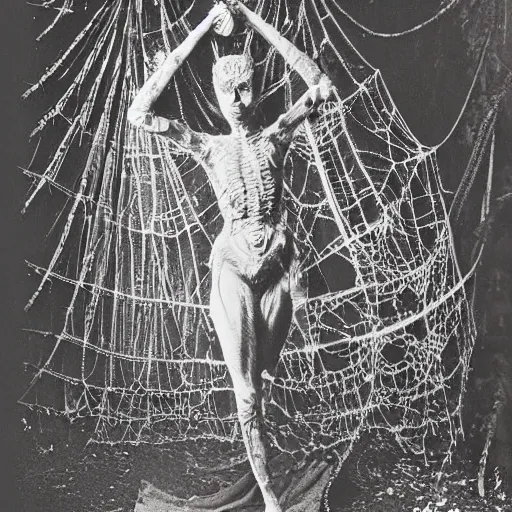 Image similar to 1860 photo of an ancient fractal spider-woman-demon on an abandoned factory on the middle of a forest, spooky , spider webs, devouring the human soul, veins, arteries, intricate, golden ratio, full frame, microscopic, elegant, highly detailed, ornate, ornament, sculpture, elegant , luxury, beautifully lit, ray trace, 3d, PBR