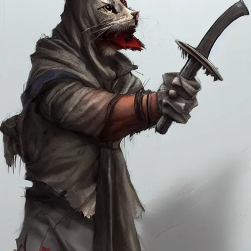 Prompt: dirty humanoid homeless cat wearing rags, wielding a broadsword, concept art, d & d, fantasy, trending on artstation