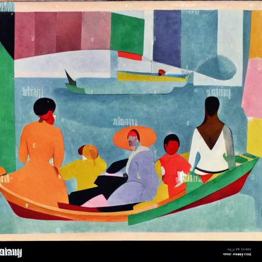 Prompt: The collage depicts a group of well-dressed women and children enjoying a leisurely boat ride on a calm day. The women are chatting and laughing while the children play with a toy boat in the foreground. by Sonia Delaunay, by Paul Cézanne dull