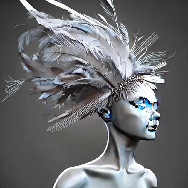 Prompt: a woman with feathers on her head, a surrealist sculpture, behance contest winner, visual art, made of feathers, behance hd, zbrush