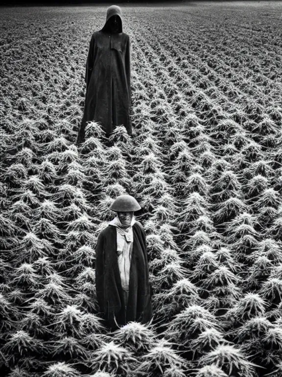 Image similar to grim reaper with no face in cannabis field, ww1 photo, grainy, high detail, high resolution,