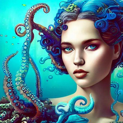 Image similar to lofi underwater mermaid portrait with an octopus, Pixar style, by Tristan Eaton Stanley Artgerm and Tom Bagshaw.