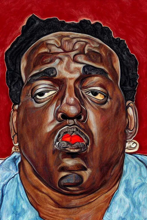 Image similar to a portrait of biggie small in style of egon schiele, masterpiece, hyperdetailed, complex, intricate, photorealistic!!, 4 k, trending on artstation