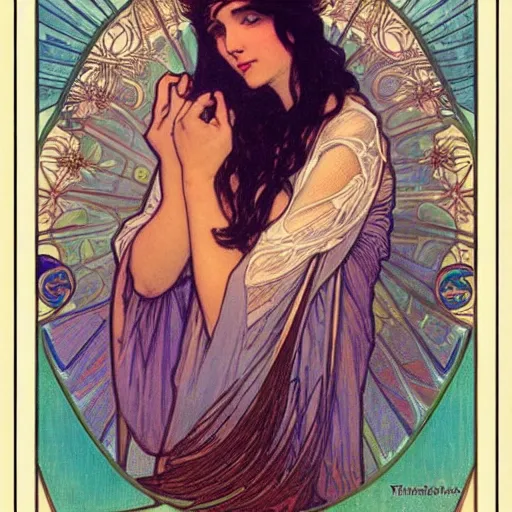 Image similar to akwafina portrait by louis - theophile hingre and alphonse mucha, realistic, sharp focus, zodiac signs, tarot cards, planets, ethereal, art nouveau, magic, moon, sun, crown, dreamy, royal, jewellery
