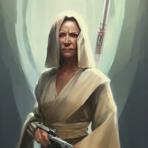 Prompt: portrait of a jedi master woman by greg rutkowski, vestara khai, smirk, wearing jedi robes, star wars expanded universe, she is about 6 0 years old, wearing jedi robes, highly detailed portrait, digital painting, artstation, concept art, smooth, sharp foccus ilustration, artstation hq