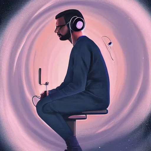 Image similar to long shot of male wearing headphones sitting in space, calm, soothing, relaxed, cosy, quiet, elegant, digital painting, realism, cyberpunk art, acrylic on canvas,