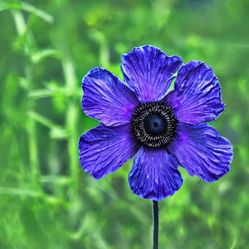 Prompt: detailed, intricate blue black and purple papaverum flower on the field, nebula, galaxy in the sky