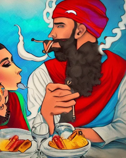 Prompt: chad bearded guy smoking hookah on a date with girl in turkish national dress, acid trip style, artwork, 4 k