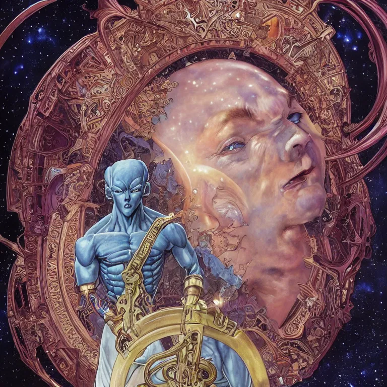 Image similar to portrait of Frieza by Jeff Easley and Peter Elson + beautiful eyes, beautiful face + symmetry face + border and embellishments inspiried by alphonse mucha, fractals in the background, galaxy + baroque, gothic, surreal + highly detailed, intricate complexity, epic composition, magical atmosphere + masterpiece, award winning + trending on artstation