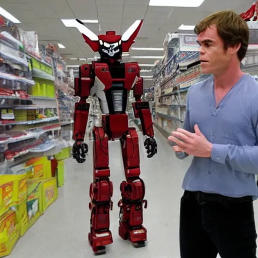 Image similar to dexter morgan fighting a transformer robot at kmart