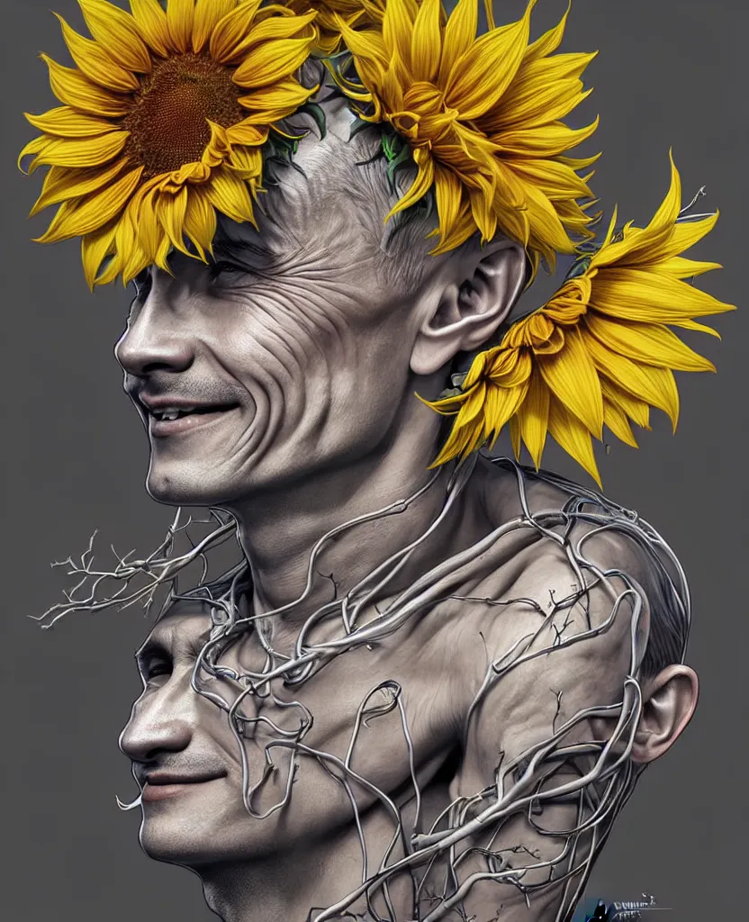 Prompt: digital art, centered full body of young any old Putin smiling king, Sunflower crown, ,intricate, veins, by James Jean and by artgerm , by ross tran ultradetailed, charachter design, concept art, trending on artstation,