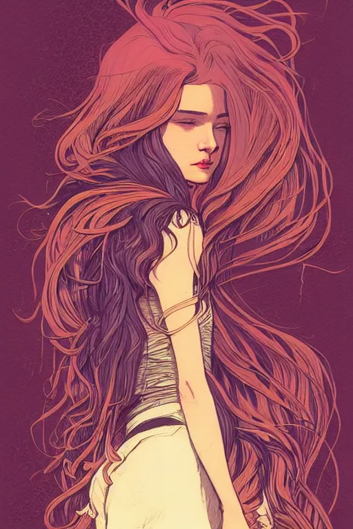 Image similar to concept art design illustration, teen girl walking away alone street flowing hair, sad, fantasy book cover, young adult book cover style, illustration!!, 4 colors, logo, ink drawing, art by jc leyendecker and sachin teng