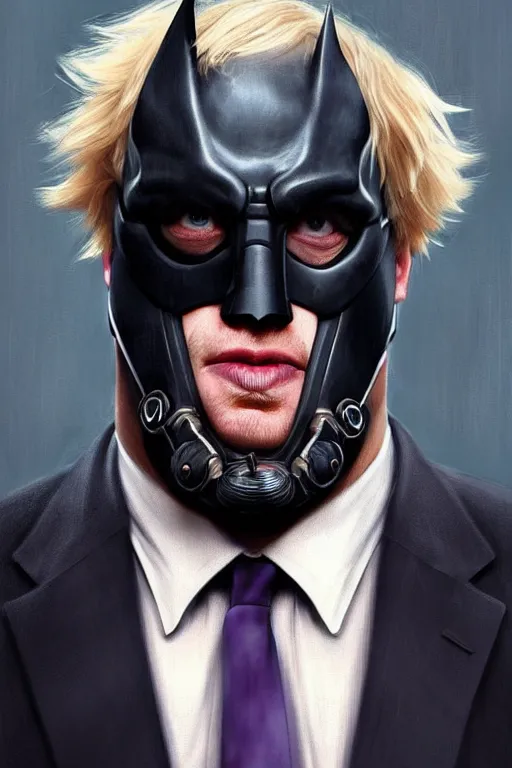 Image similar to Boris Johnson as a Bane from Dark Knight, Boris Johnson hairstyle, realistic portrait, symmetrical, highly detailed, digital painting, artstation, concept art, smooth, sharp focus, illustration, cinematic lighting, art by artgerm and greg rutkowski and alphonse mucha