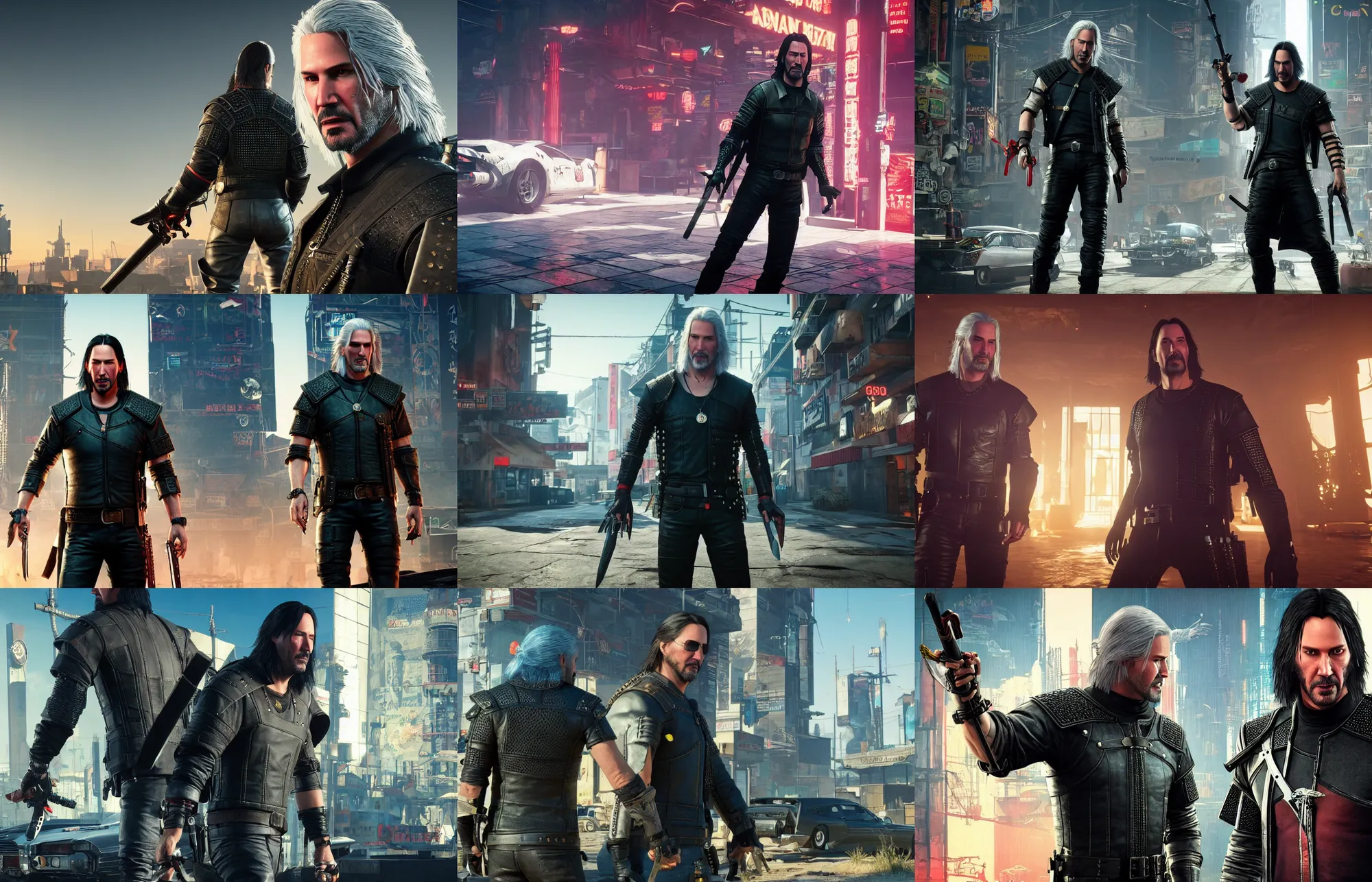 Prompt: keanu reeves as geralt of rivia, in the style of johnny silverhand, in the style of cyberpunk 2 0 7 7, unreal engine 5, 8 k, sharp and detailed, fighting a robot vampire