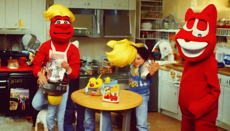 Prompt: 1 9 9 0 s candid 3 5 mm photo of a beautiful day in the family kitchen, cinematic lighting, cinematic look, golden hour, an absurd costumed mascot from the jimbles the super pony showing the kids how to build time machine, the kids are hungry but jimbles is showing them how to make a time machine to time travel, uhd