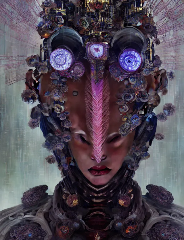 Image similar to asura from chinese myth, ghost, gorgeous and huge head ornaments, dystopian, cyberpunk, organic fractal mycelum and fungi, mecha, halfturn portrait of a big crystal face made of crystals half - turn, ominous, intricate, studio, art by anthony macbain + greg rutkowski + alphonse mucha, concept art, 4 k, sharp focus