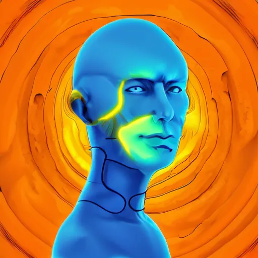 Image similar to human man that resembles a wasp morh in surreal sketch style, blue and yellow gradient, noise, ultrafine detail, hd 8k, logo illustration