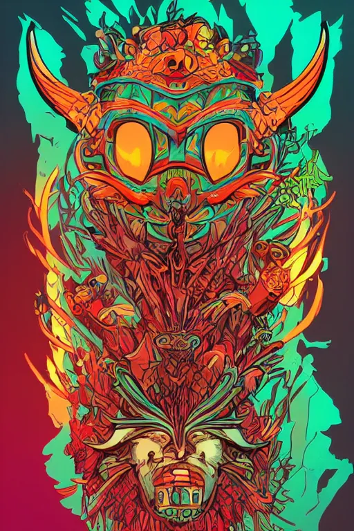 Image similar to totem animal mask tribal feather gemstone plant wood rock shaman vodoo video game vector illustration vivid multicolor borderlands comics by josan gonzales and dan mumford radiating a glowing aura