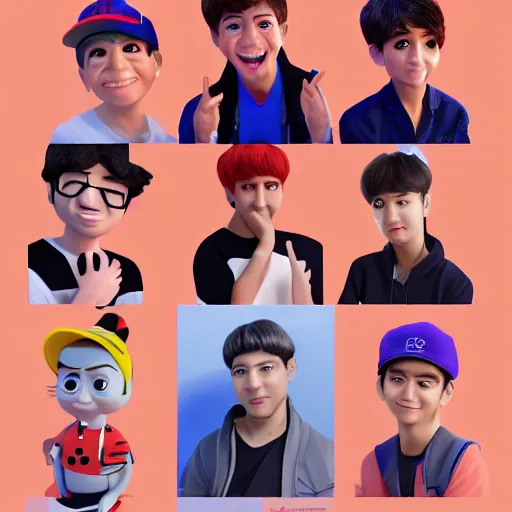 Prompt: 3d render of bts members as pixar characters, artstation, behance