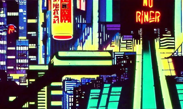 Image similar to full - color cinematic movie still from the 1 9 8 2 anime - adaptation by osamu tezuka of blade runner. science - fiction ; action ; neon ; gritty ; dystopian ; detective mystery.