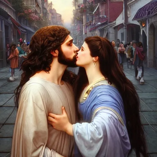 Image similar to jesus kissing a woman in a street, elegant, highly detailed, digital painting, artstation, concept art, matte, sharp focus, highly detailed, 4 k, hdr, smooth, sharp focus, high resolution, award - winning photo, photorealistic, art by artgerm and greg rutkowski and alphonse mucha, large shot