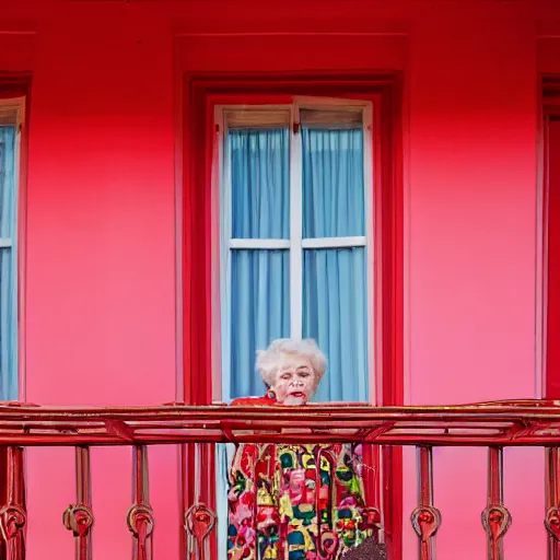 Image similar to 1986 color Medium Shot portrait of a very well-dressed old lady in a balcony of a red hotel, photo made by Wes Anderson award winning, 4K