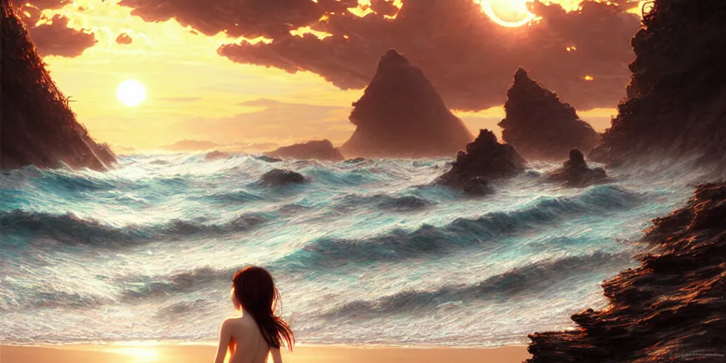 Image similar to ! dream photorealistic long shot of big sun rough sea and jagged rocks nets, plastic bottles, garbage, sand and sea, golden hour, dark beautiful goddess on the beach, fantasy, atmospheric, hyper realistic, artstation, art by artgerm and sangsoo jeong and john william waterhouse