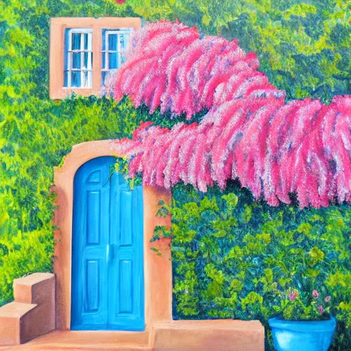 Prompt: painting of a european blue door surrunded by bougainvillea award winning fuzzy