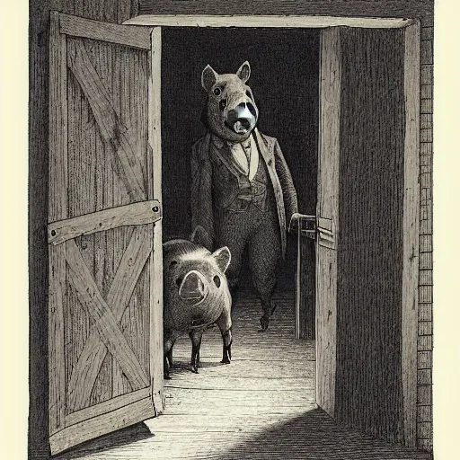 Image similar to pig in a tuxedo walk out of a barn, dramatic lighting, creepy, farm background chiaroscuro, high detail, illustration by gustave dore