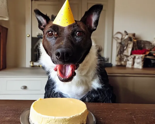 Prompt: 30-year-old dog eating cheesecake for his birthday, old, wrinkly, happy, festive, wholesome