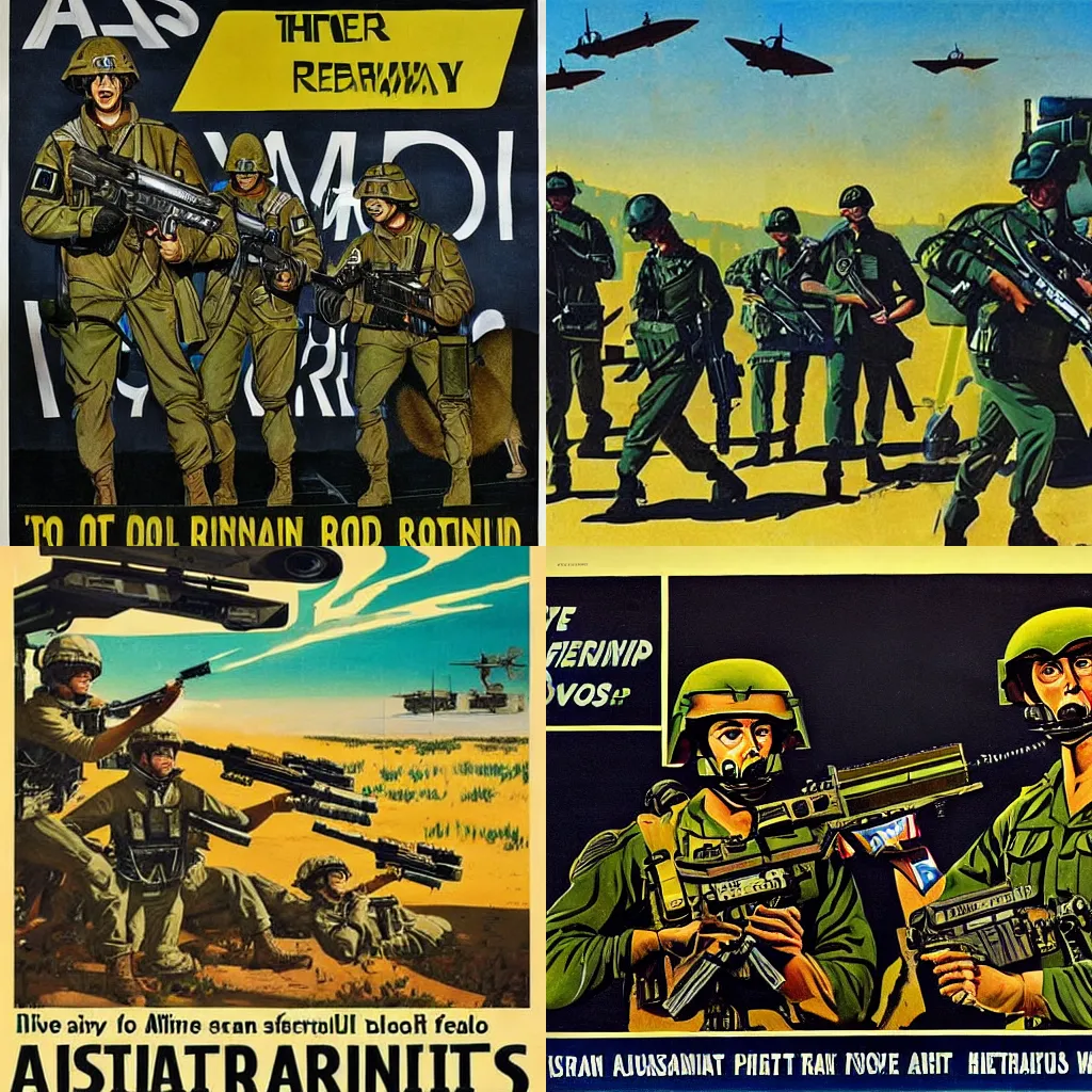 Prompt: an Australian propaganda poster promoting the Australian army fighting in a futuristic war against robot kangaroos, dystopian future warfare