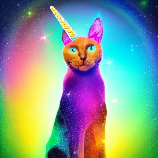 Image similar to siamese cat with a unicorn horn, rainbow background, sparkly aura around cat