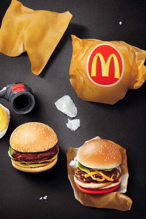 Prompt: mcdonalds hamburger smashed, commercial photography