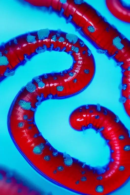 Image similar to high quality macro photo translucent gelatinous worms! gorgeous red dots highly detailed hannah yata elson peter cinematic turquoise lighting high quality low angle hd 8k sharp shallow depth of field