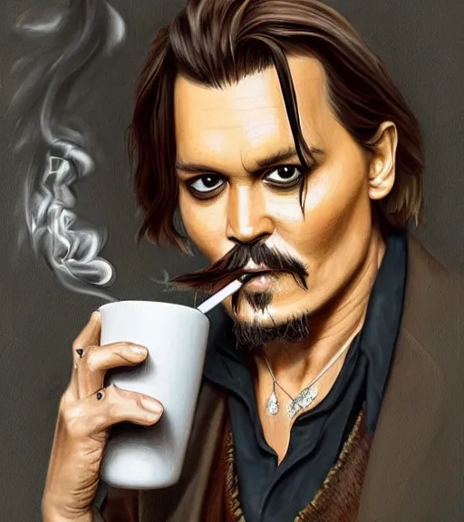 Prompt: Portrait of Johny Depp drinking coffee, in the park, charchoal drawing, dimly lit, wispy smoke, intricate, highly detailed, digital painting, artstation, concept art, sharp focus, illustration, art by einar jonsson