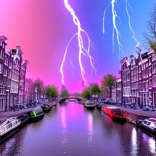 Prompt: amsterdam in the year 2 1 4 5. 8 k, blue, pink, purple. ambient lightning, haze, fog, glow, sunset, digital art.