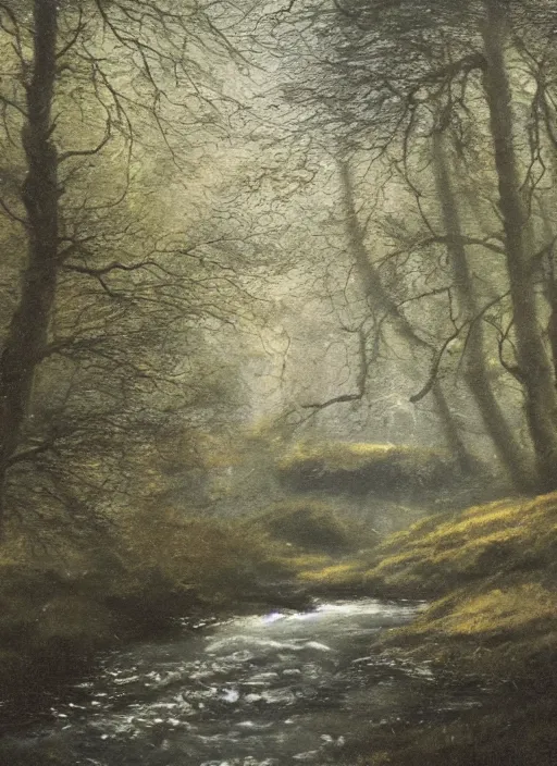 Prompt: there is a place in wales, tucked out of view magic happens, only seen by a few. for just one day, for only just one hour. the last summer's day break at gelli aur. there you must follow a winding trout stream. search all the oaks with a tiny light beam, inspired by greg rutkowski