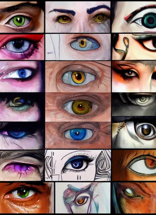 Image similar to diverse eyes!, life, hybrids, thin details, reflections, vitals visualiser!!, advanced art, art styles mix, from wikipedia, grid of styles