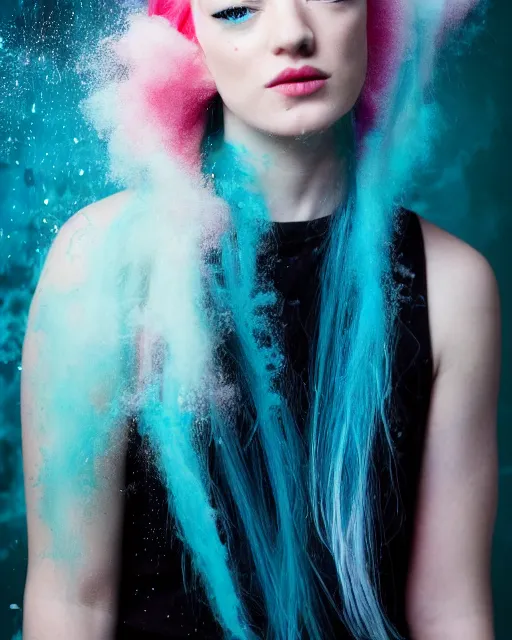 Image similar to a dramatic lighting photo of a beautiful young woman stoya with cotton candy hair. paint splashes. with a little bit of cyan and pink