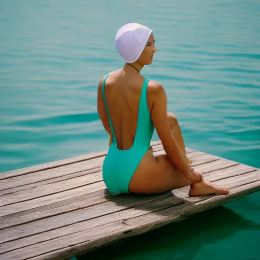 Image similar to a film photograph of a woman slender, wearing a mint green one-piece swimsuit, wearing a white bathing cap, sitting on a wooden dock, low angle and side profile, far shot, Kodak Portra 800, Kodak film photography