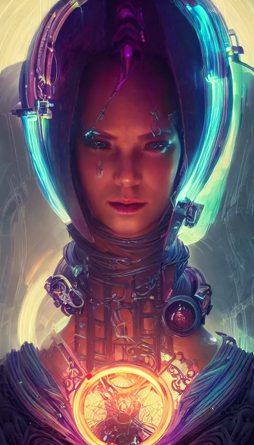 Image similar to cyberpunk angry gorgeous warlock, neon, fibonacci, sweat drops, insane, intricate, highly detailed, digital painting, artstation, concept art, smooth, sharp focus, illustration, Unreal Engine 5, 8K, art by artgerm and greg rutkowski and alphonse mucha