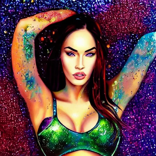 Image similar to “Megan Fox glitter paints paintings, glitter face and body, glitter background, ultra detailed portrait, 4k resolution”