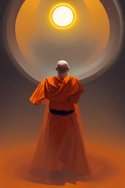 Image similar to portrait of a monk in a spaceship, round window, exploding star, orange robe, dramatic lighting, artstation, matte painting, ralph mcquarrie