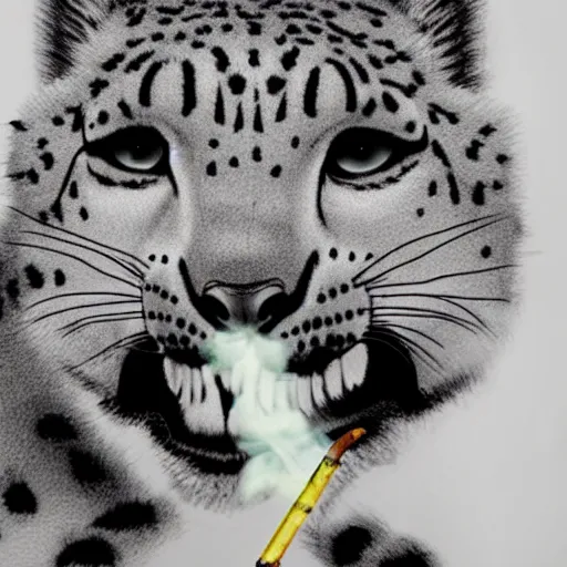 Prompt: Snow leopard smoking a spliff in his mouth, cartoon