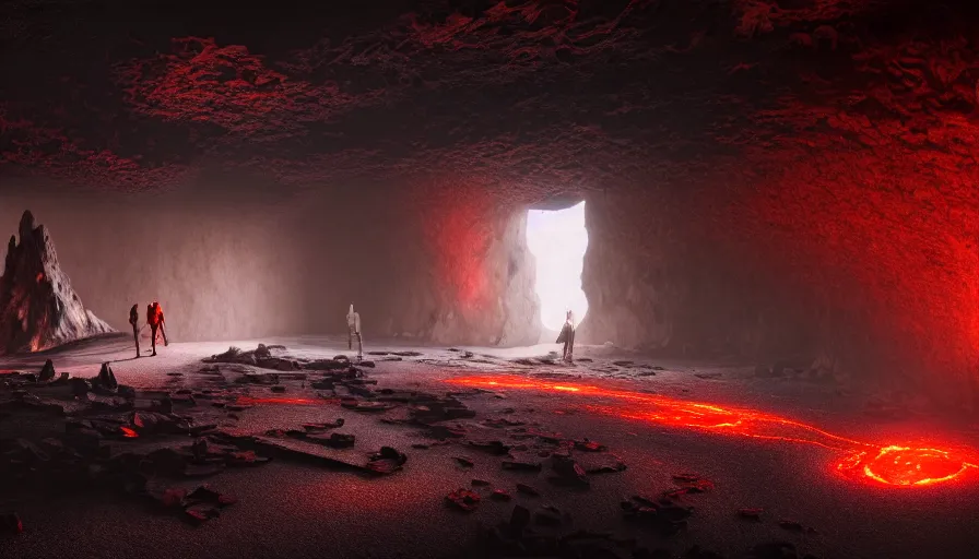 Image similar to high tech nomands exploring abandoned laboratory in volcanic cave, research station, hot lava, scifi, dark scifi, space horror, light, shadows, reflections, steam, epic composition, intricate, elegant, volumetric lighting, digital painting, highly detailed, artstation, sharp focus, illustration, concept art, ruan jia, steve mccurry