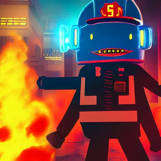 Image similar to cyberpunk spongebob as a firefighter in the city, cinematic, high definition, digital art,