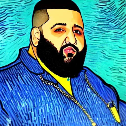 Image similar to ultra realistic portrait of dj khaled in a studio, ultra detailed, under blue, red and yellow cinematic lighting, by van gogh, cartoon