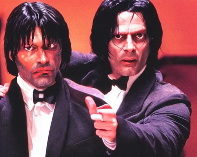 Image similar to detailed Mads Mikkelsen as Vincent Vega in Pulp Fiction with his partner Jules Winnfield, movie scene