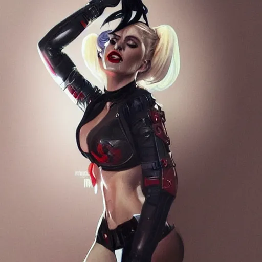 Image similar to full figure ultra realistic illustration, lady gaga as harley quinn, intricate, elegant, highly detailed, digital painting, artstation, concept art, smooth, sharp focus, illustration, art by artgerm and greg rutkowski and alphonse mucha